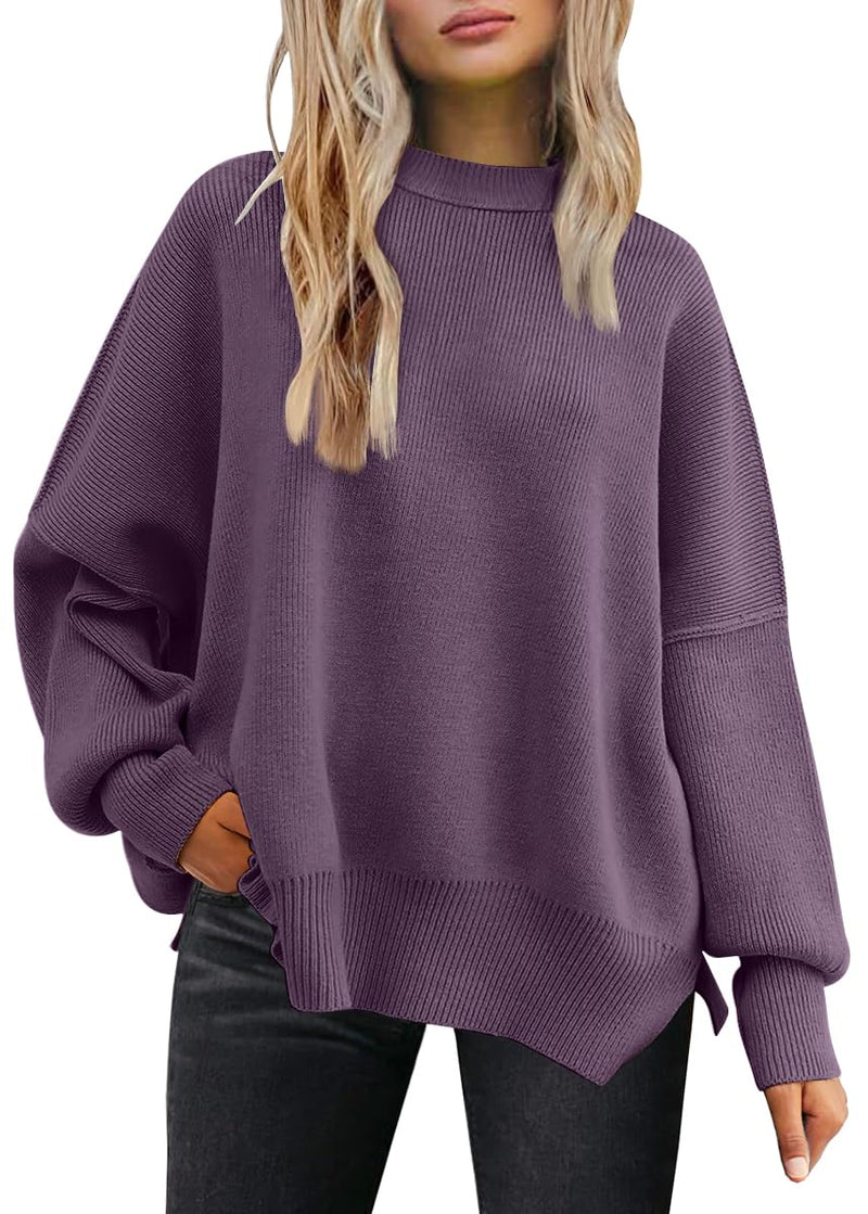 LILLUSORY Women's Oversized Batwing Sweaters 2025 Fall Outfits Trendy Crewneck Knit Side Slit Fashion Pullover Tops-37