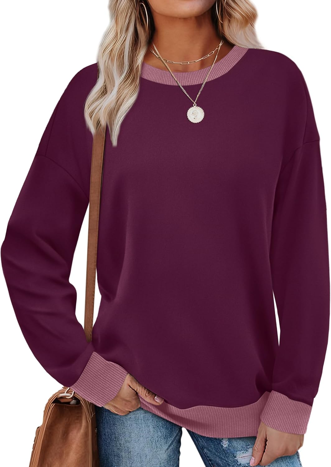 Saloogoe Sweatshirts for Women Crewneck Long Sleeve Loose Fit Tops Color Block Ribbed Trim Fashion 2025-51