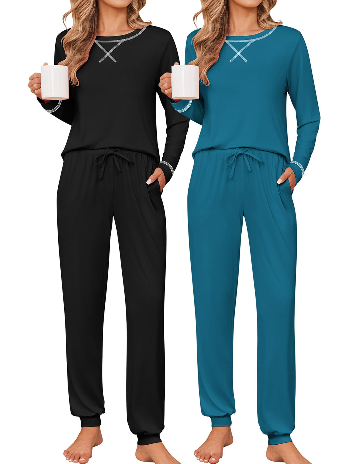 Ekouaer 2 Pack Pajama Sets for Women Long Sleeves Lounge Set Jogger Pants