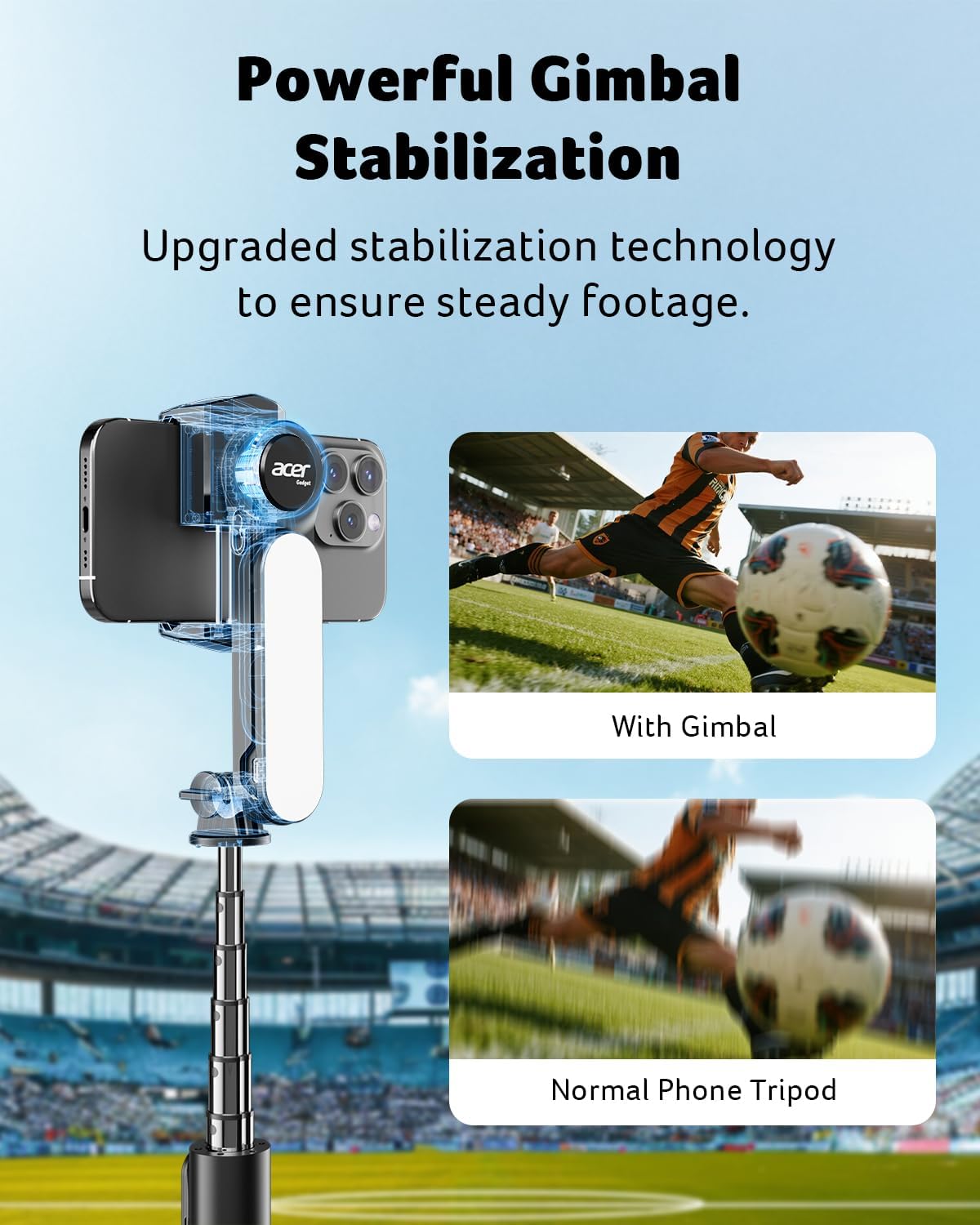 Acer Gadget Gimbal Stabilizer 1Axis for iPhone/Cell Phone/Smartphone/Android with Remote Control&Light, Portable Gimbal Tripod Auto Balance Handheld Selfie Stick for Video Recording, Live Streaming