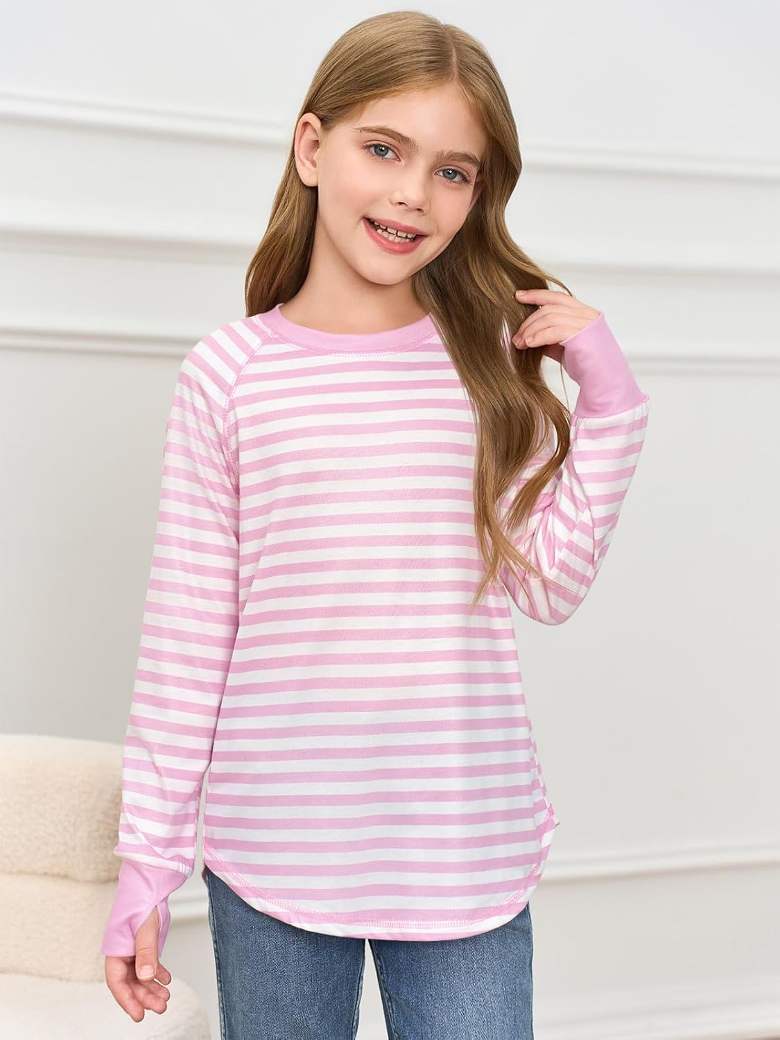 Haloumoning Girls Striped Thumb Hole Long Sleeve Shirts Kids Crewneck Tunic Tops Curved Hem Tees 5-14 Years