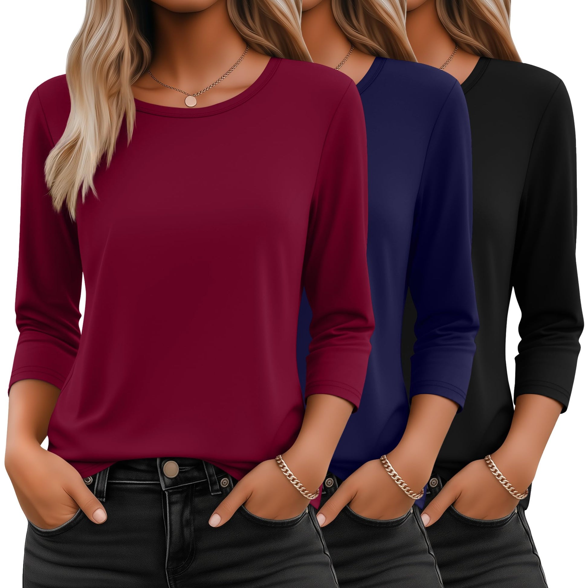 Ficerd 3 Pack 3/4 Sleeve Tops for Women Round Neck Dressy Basics Tees Casual Trendy Loose Fit T Shirts-13
