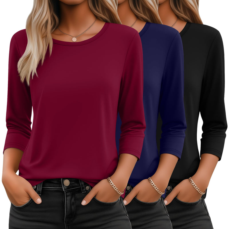 Ficerd 3 Pack 3/4 Sleeve Tops for Women Round Neck Dressy Basics Tees Casual Trendy Loose Fit T Shirts-69