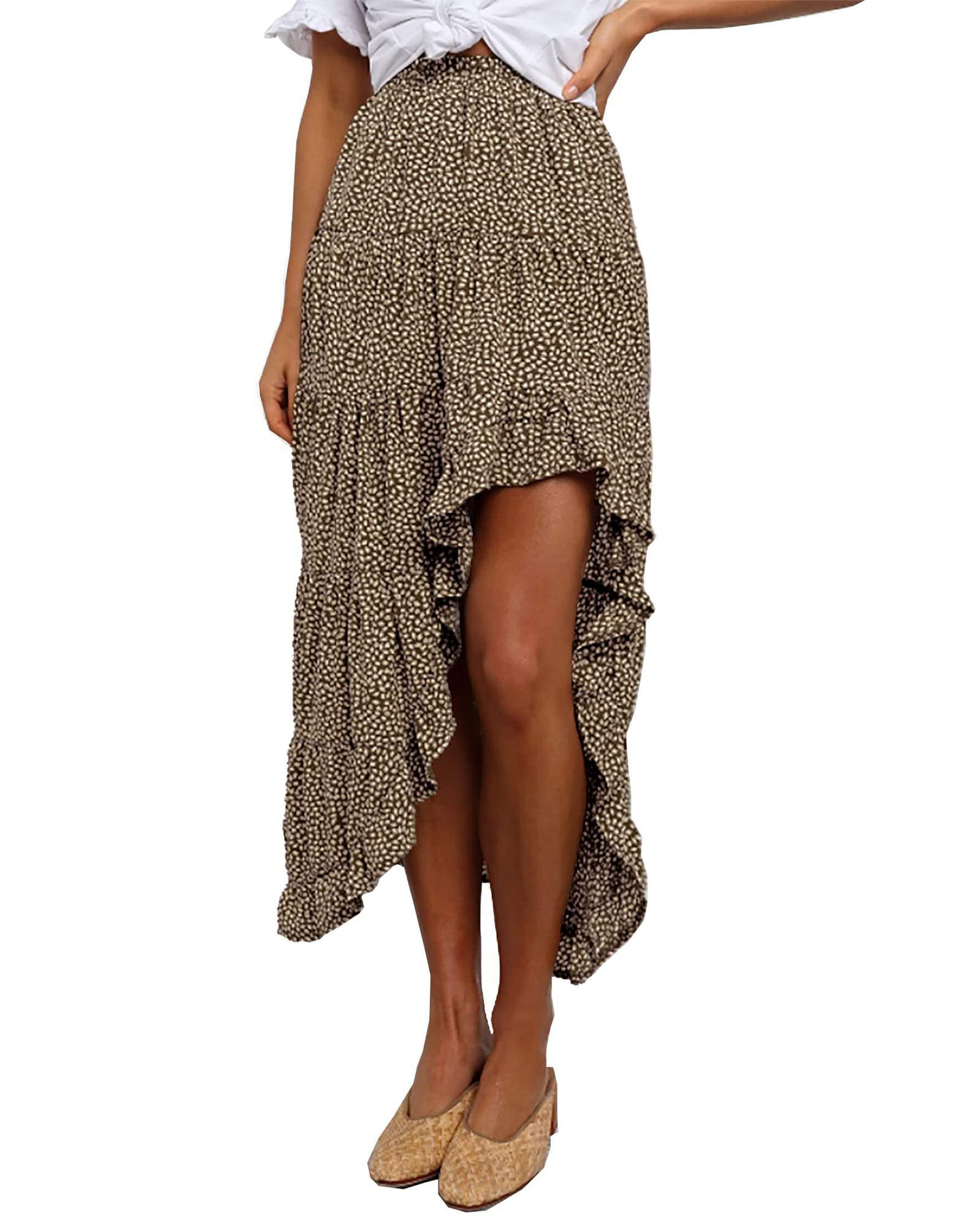 BTFBM Women 2026 Spring Summer Long Skirts Dress Boho Floral Elastic Waist Split Ruffle High Low Beach Maxi Skirt Clothes