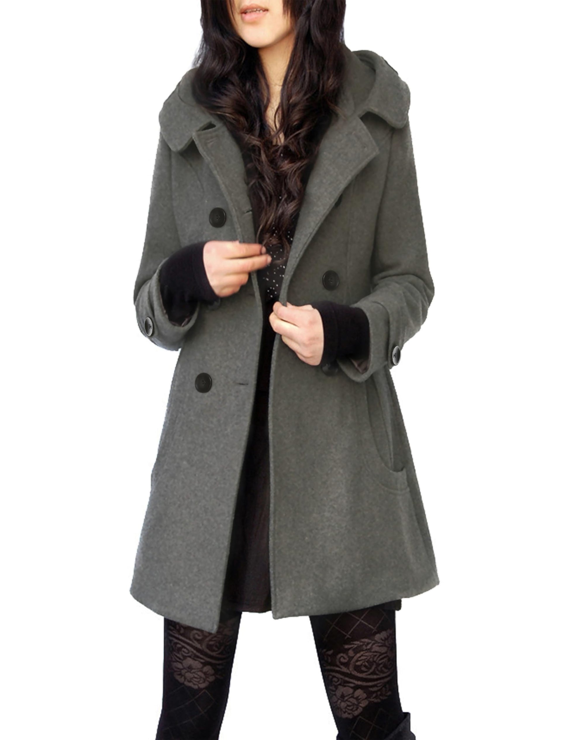 Tanming Women's Warm Double Breasted Wool Pea Coat Trench Coat Jacket with Hood-11