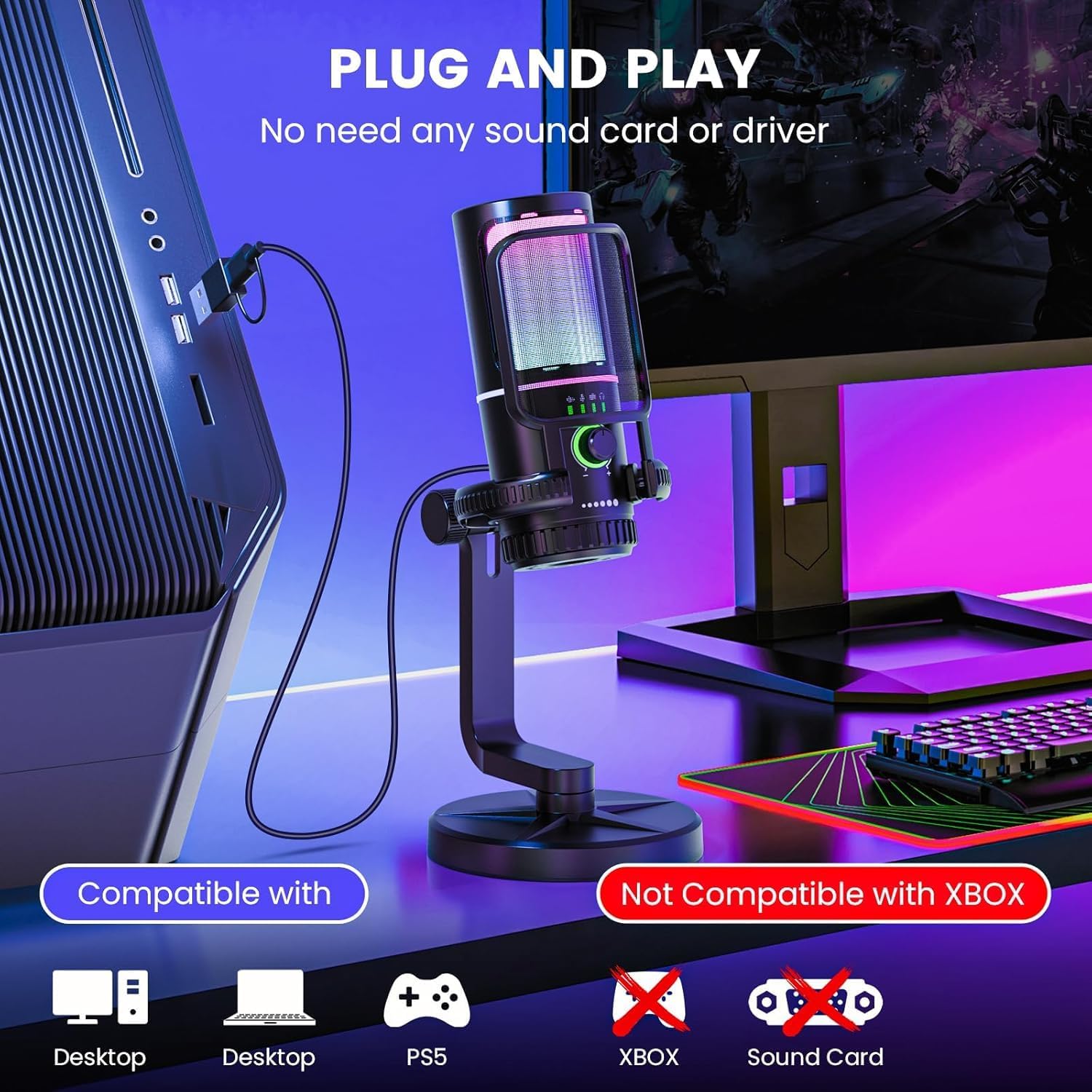 SINWE Gaming Microphone with Noise Cancelation & Gain Control- USB PC Mic for Streaming, Gaming, Podcasts, PC, PS4 -Includes Pop Filter, Shock Mount, Quick Mute & RGB Lighting