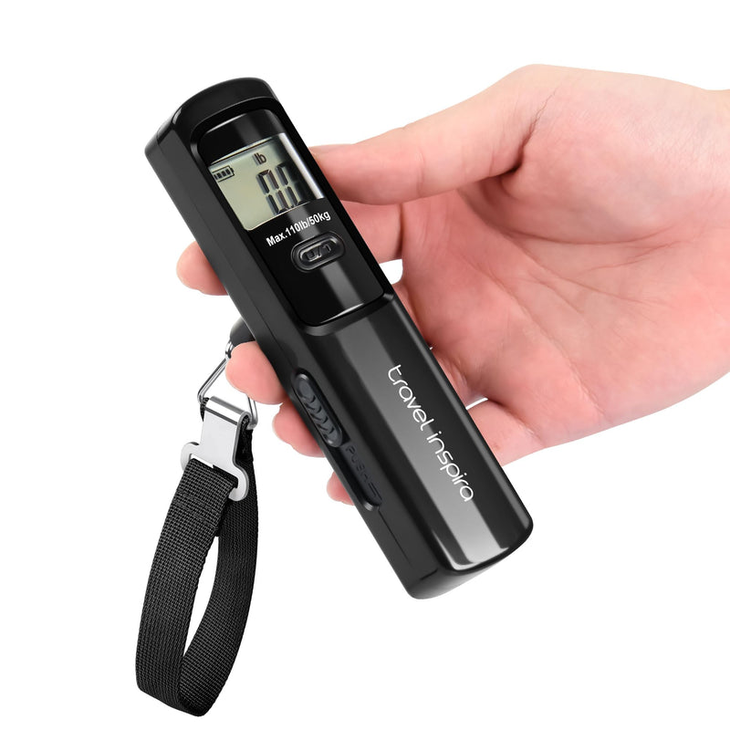 travel inspira Battery-Free Luggage Scale 110lb/50kg Digital Portable | Battery-free luggage scale, pump to power, 110lb/50kg, ±50g, lb/kg switch, tare, overload alert, travel essential
