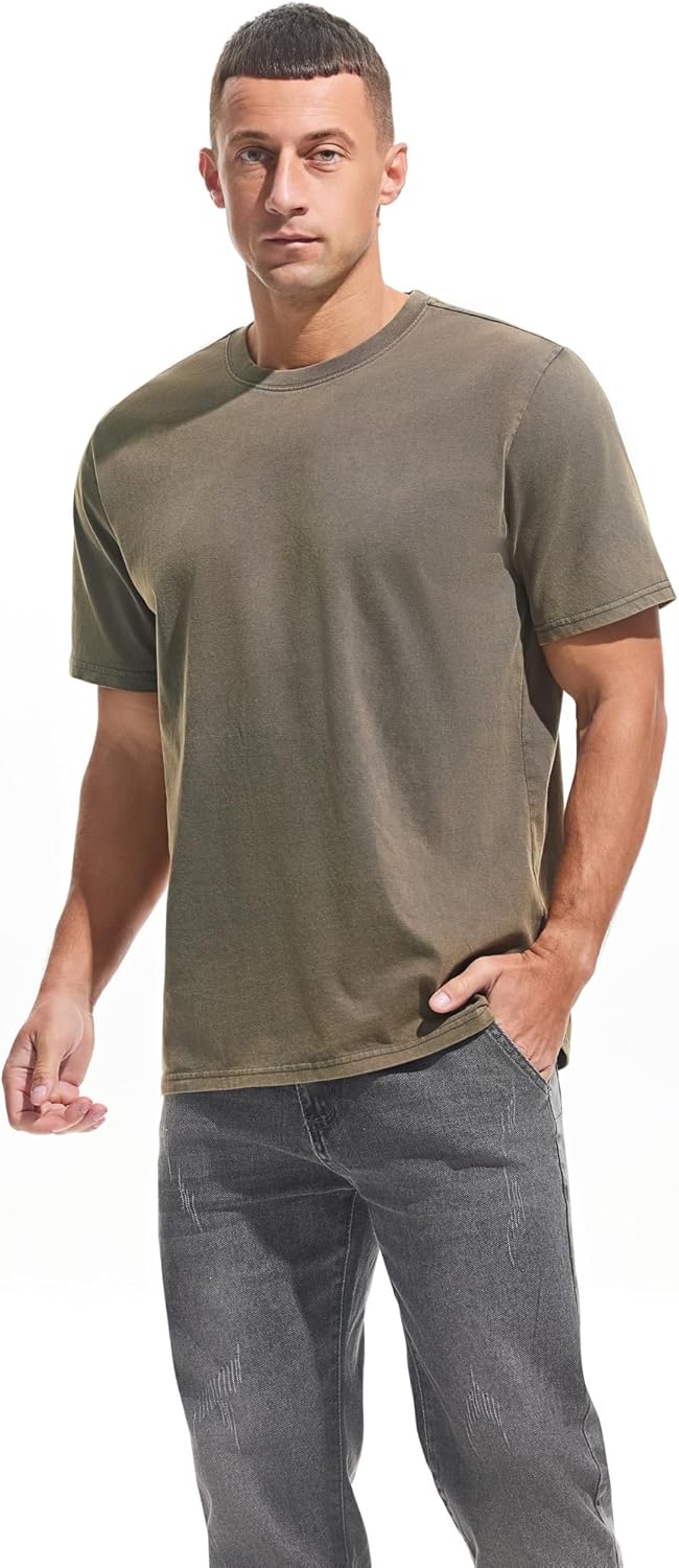 VEIISAR Men's Heavy Weight Crew Neck 100% Cotton T-Shirt - 250g/m² Thick Distressed Washed T-Shirts for Men