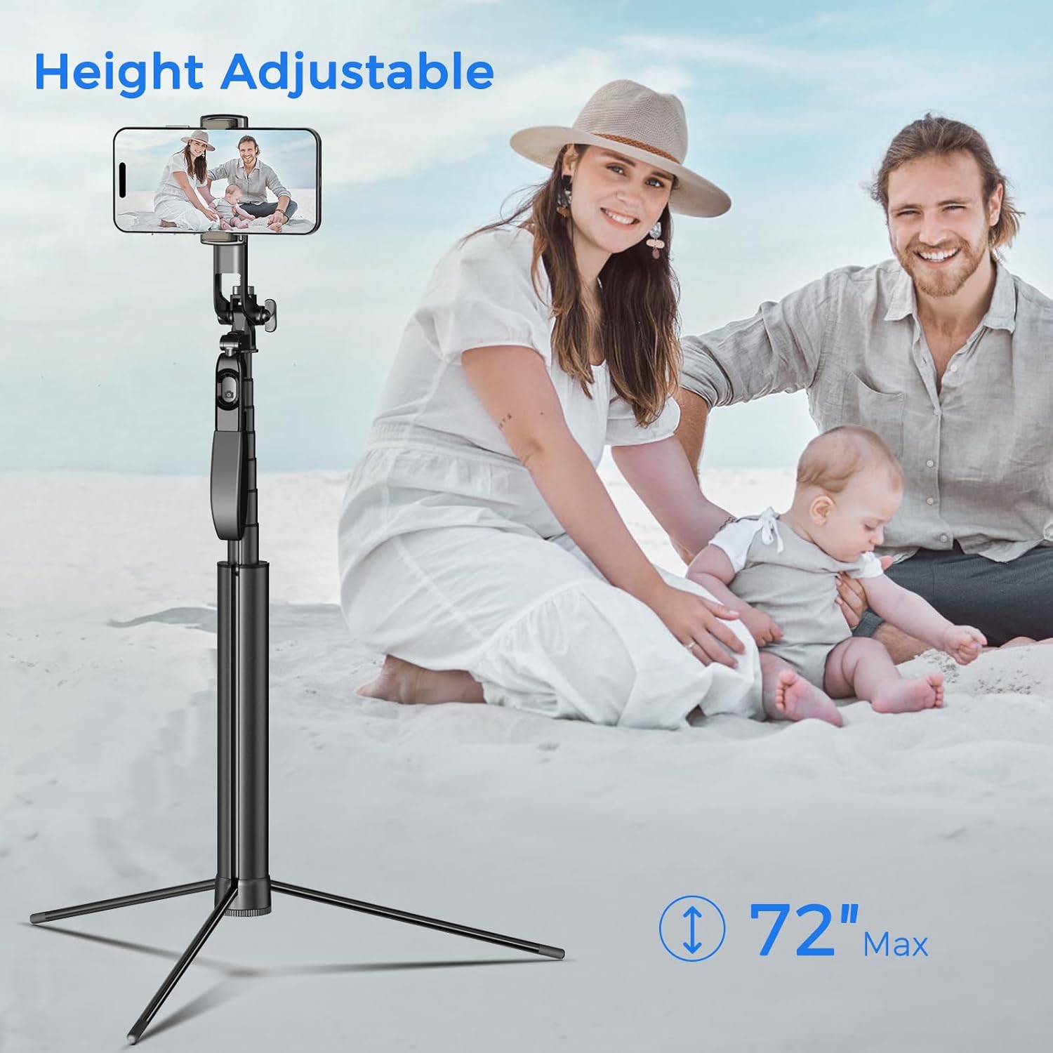 Selfie Stick Travel Tripod for Cell Phone with Remote Control and Phone Holder, Extendable Selfie Stick for iPhone, iPhone Tripod for Video Recording, 72 Inch, Black