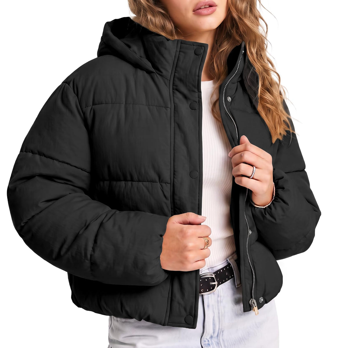 Gihuo Womens Cropped Puffer Jacket Hooded Warm Quilted Jacket