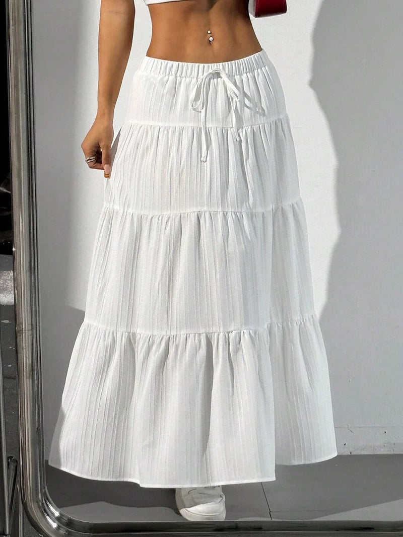 Maxi Skirts for Women Ruffle Hem A Line Long Skirts Elastic Waist Elegant Tiered Layer Boho Long Dress