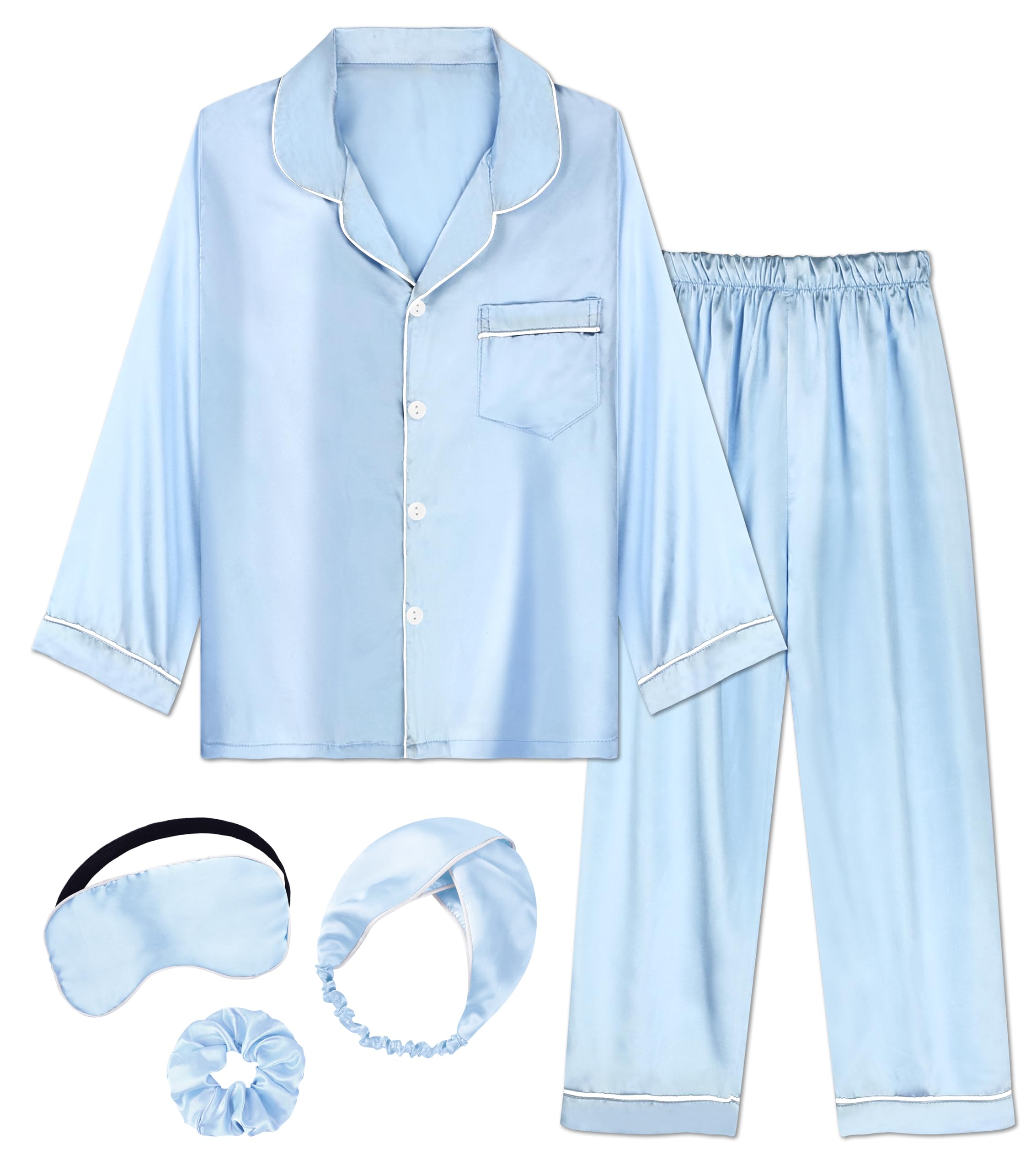 EPLAZA Kids Satin Pajamas Sets Girls Boys Button-Down Silky Pajamas Sleepwear with Hairband Eye Mask Hair Tie
