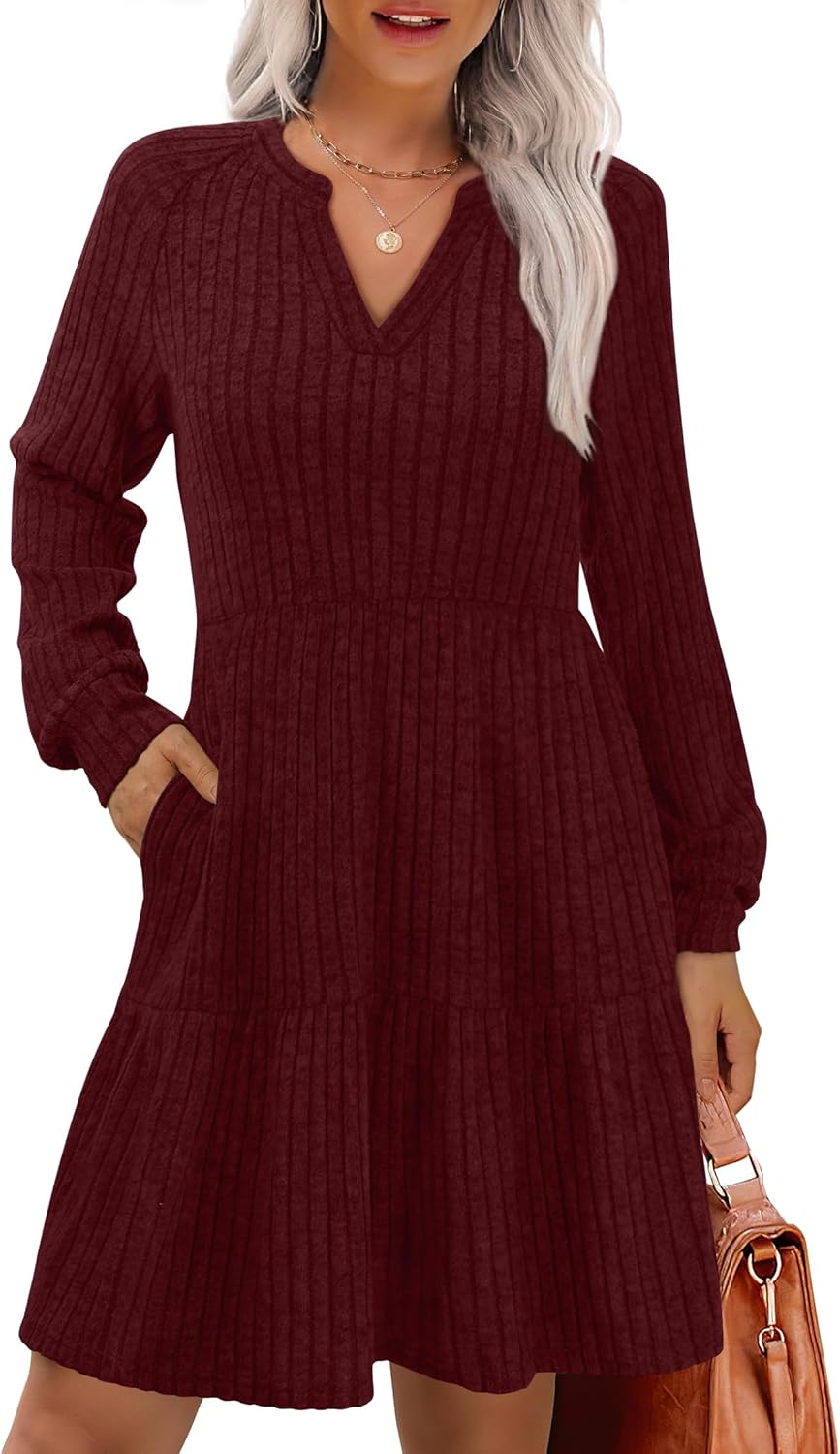 IWD Womens V Neck Long Sleeve Dress with Pockets Casual A-Line Knee Length Fall Knit Sweater Dresses 2025-31