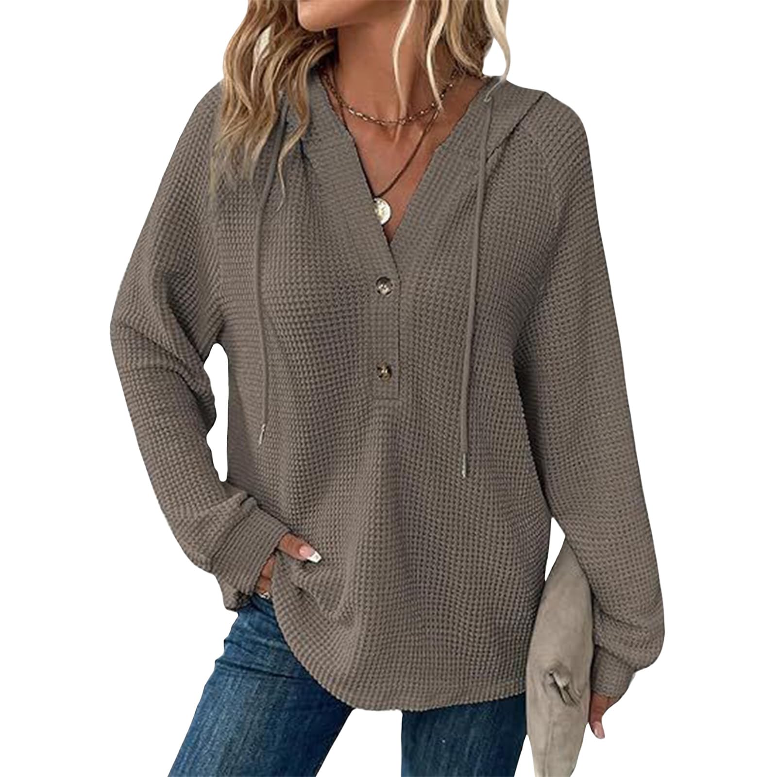 Hoodies for Women Comfortable Waffle Knit Long Sleeve Drawstring Button V Neck Casual Pullover Sweatshirt Hooded Tops-13