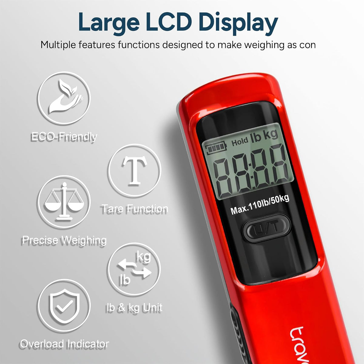 travel inspira Battery-Free Luggage Scale 110lb/50kg Digital Portable | Battery-free luggage scale, pump to power, 110lb/50kg, ±50g, lb/kg switch, tare, overload alert, travel essential