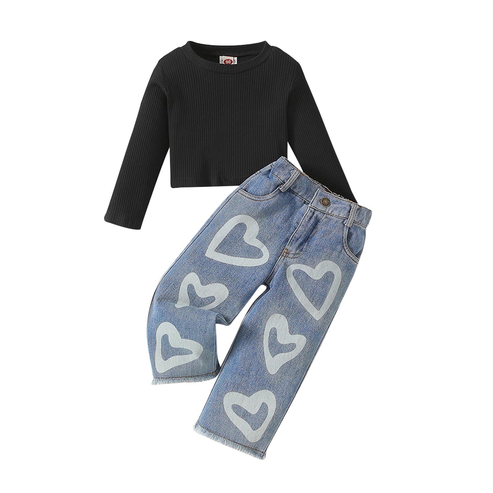 Toddler Girls Clothes 2T 3T 4T 5T 6T Ribbed Baby Kids Girl Denim Outfits Long Sleeve Tops Love Hearts Jeans Pant