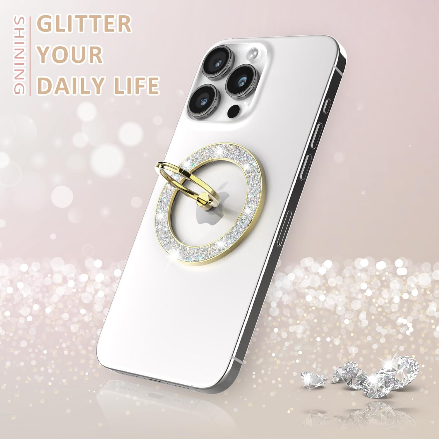 Magnetic Phone Ring Holder for MagSafe Cell Phone Grip Stand Finger Ring Stand Compatible with iPhone 17 16 15 14 13 12 Pro Max MagSafe Accessories Android. (Glitter Gold)
