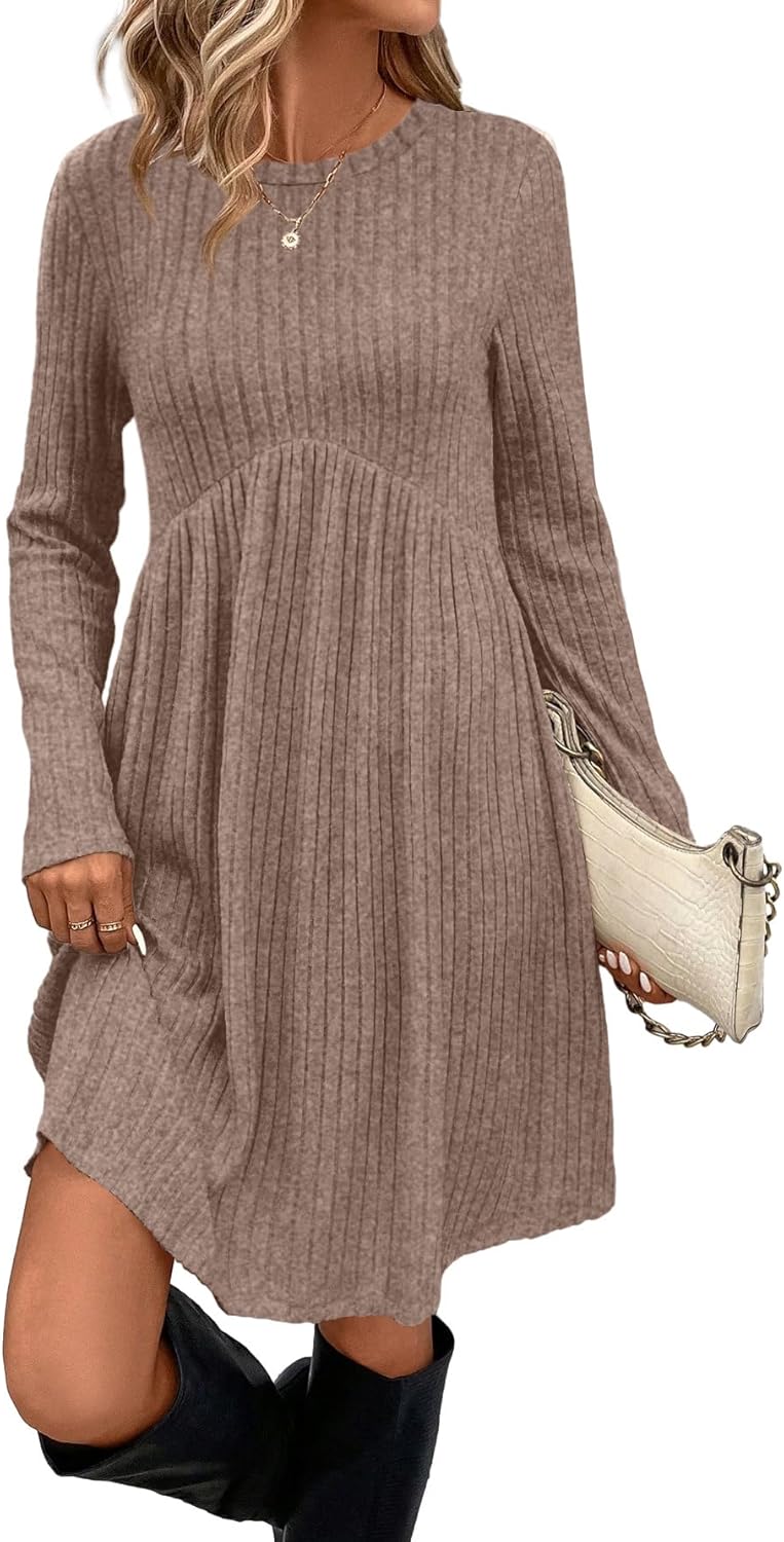 OFEEFAN Long Sleeve Dress for Women Crew Neck Empire Waist Tunic Dress with Pockets-96