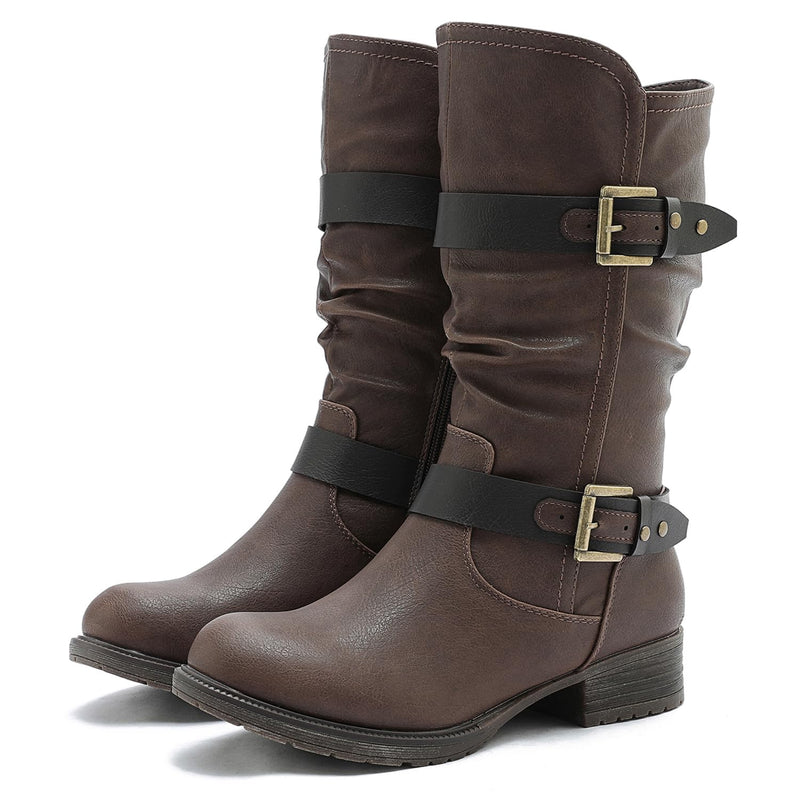 GLOBALWIN Women's Mid Calf Moto Boots With Buckle Straps