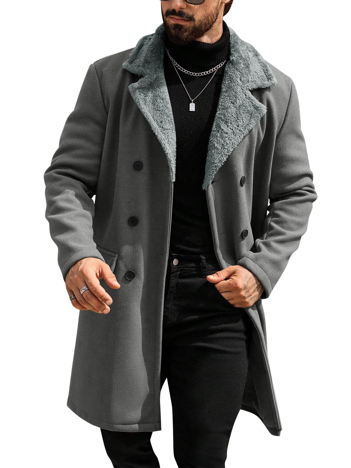 Runcati Mens Trench Coat Double Breasted Notched Collar Fleece Jacket Slim Fit Fall Winter Fuzzy Pea Coats Warm Overcoat-6
