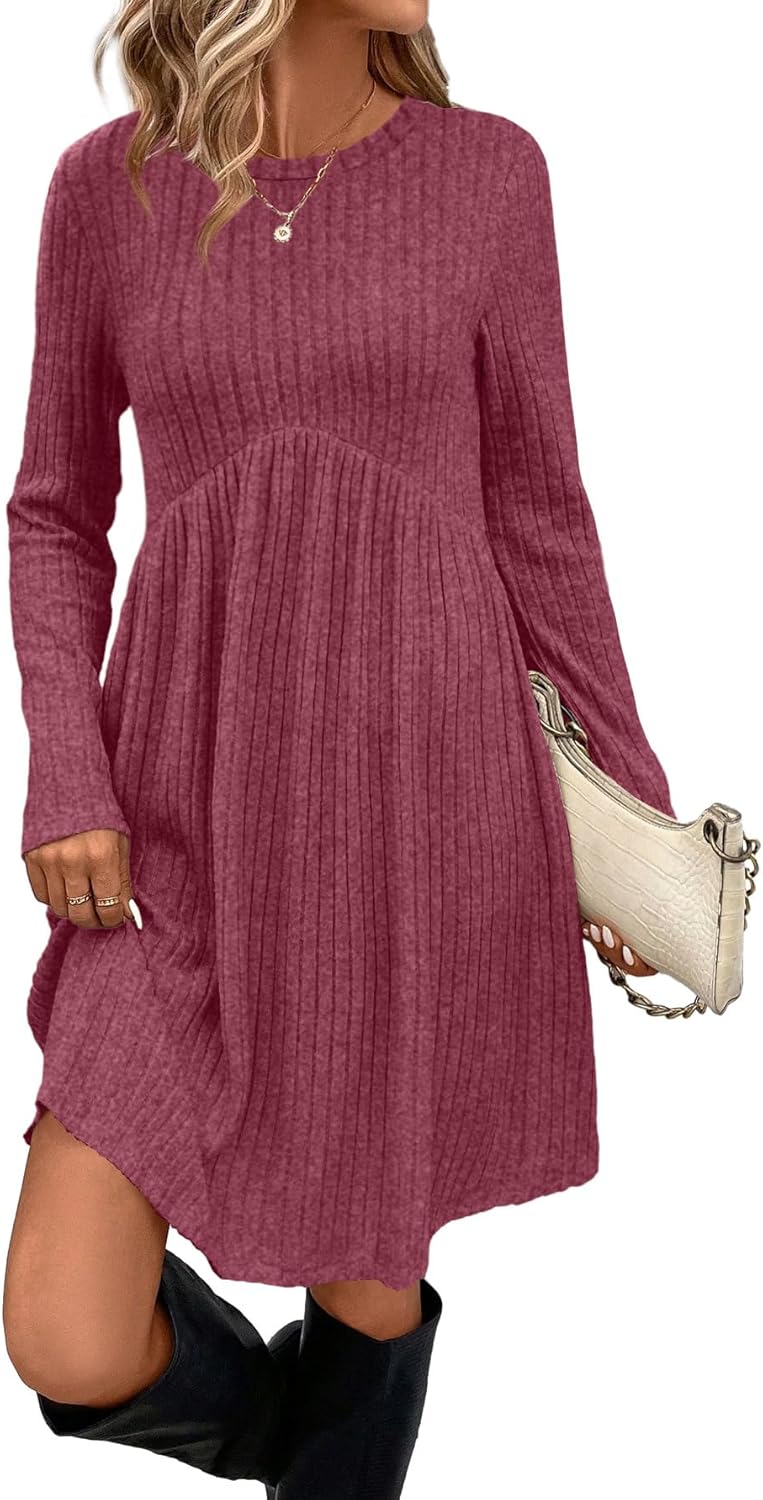 OFEEFAN Long Sleeve Dress for Women Crew Neck Empire Waist Tunic Dress with Pockets-41