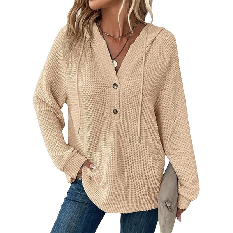 Hoodies for Women Comfortable Waffle Knit Long Sleeve Drawstring Button V Neck Casual Pullover Sweatshirt Hooded Tops-35
