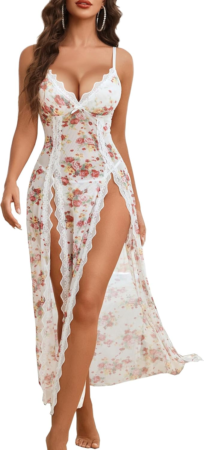 Avidlove Women Lingerie Lace Babydoll Chemise Sexy Mesh Nightdress V Neck Nightwear Side Split Nightgown-88