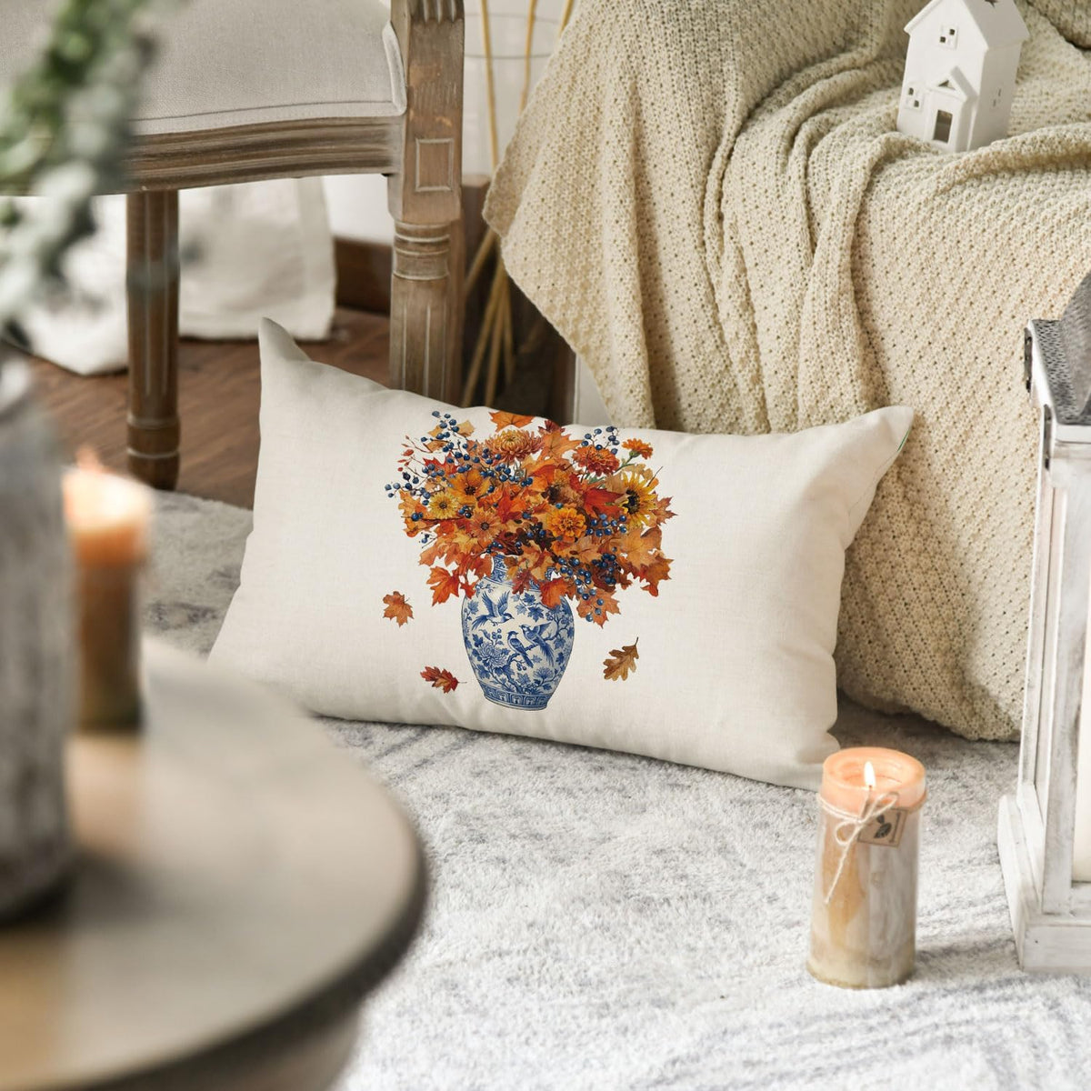 AVOIN colorlife Fall Flowers Bird Vase Throw Pillow Cover 12x20 Inch