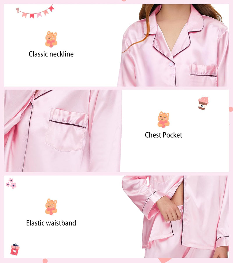 EPLAZA Kids Satin Pajamas Sets Girls Boys Button-Down Silky Pajamas Sleepwear with Hairband Eye Mask Hair Tie