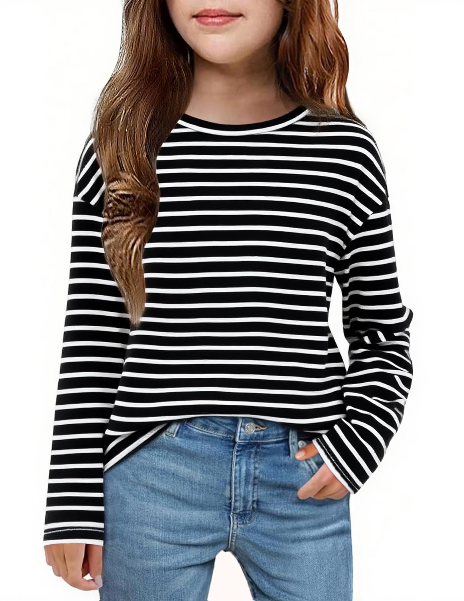 Arshiner Girls Striped Long Sleeve Shirts Drop Shoulder Casual Fashionable Crewneck Blouse Tee Tops