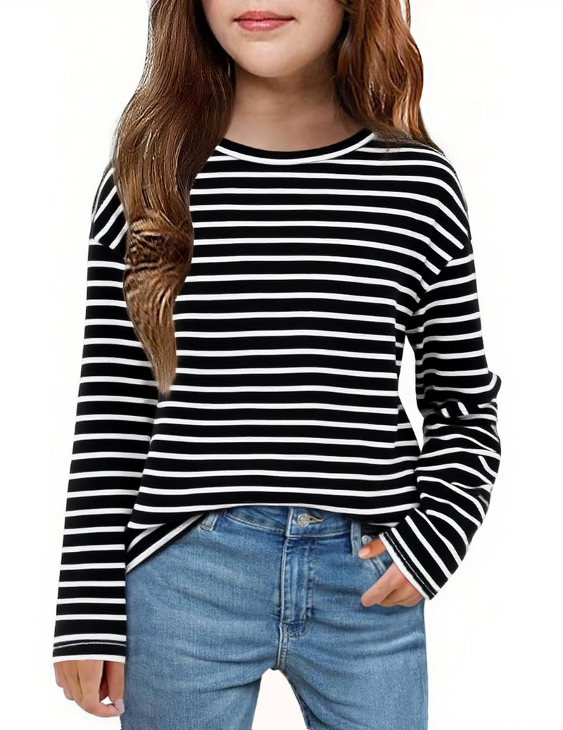 Arshiner Girls Striped Long Sleeve Shirts Drop Shoulder Casual Fashionable Crewneck Blouse Tee Tops
