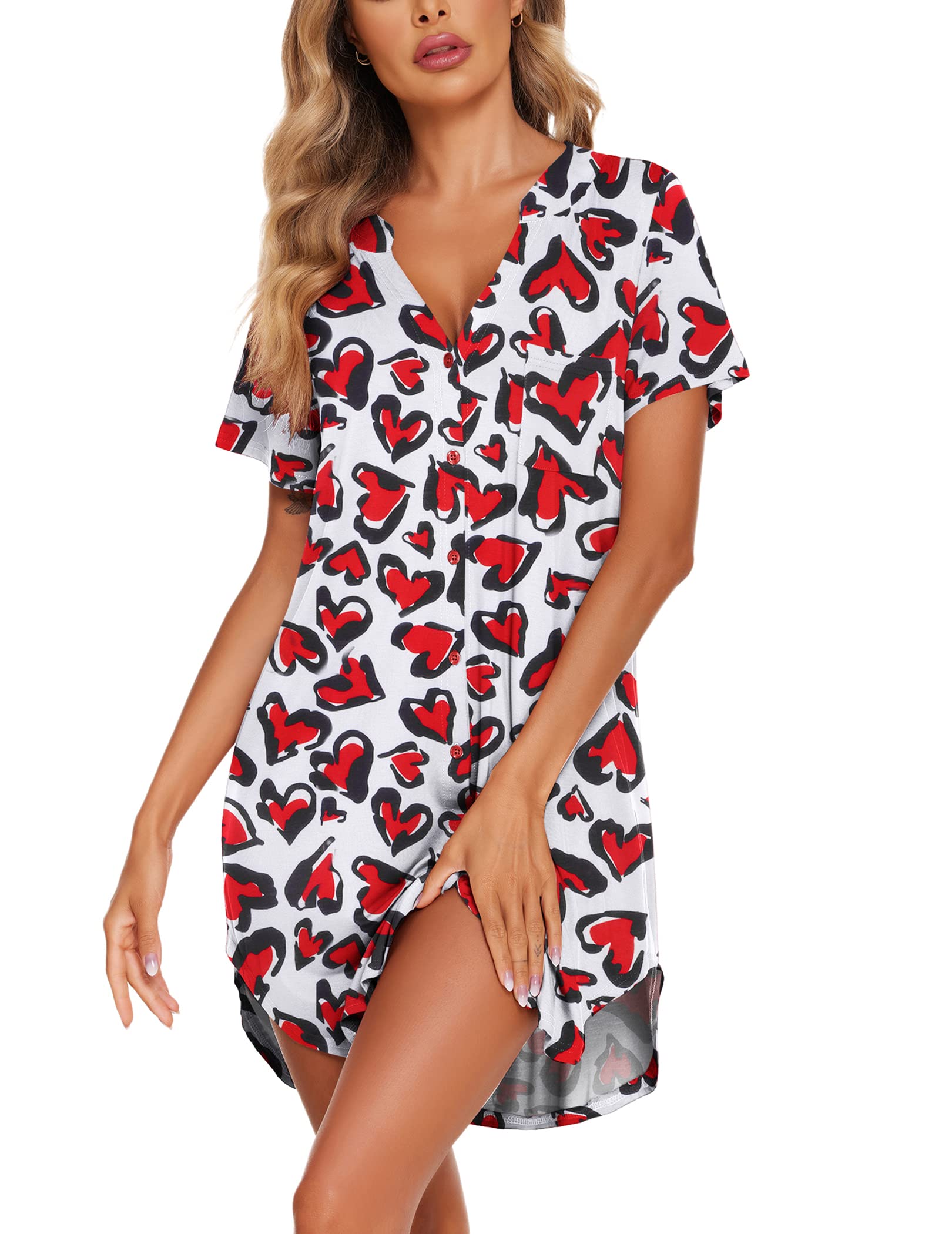 Ekouaer Women V Neck Button Down Nightgown-6