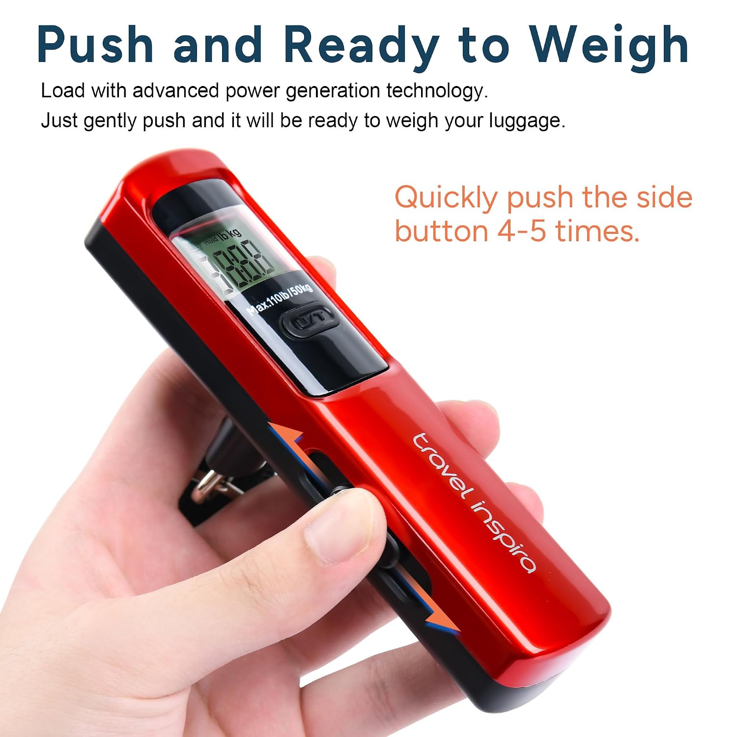 travel inspira Battery-Free Luggage Scale 110lb/50kg Digital Portable | Battery-free luggage scale, pump to power, 110lb/50kg, ±50g, lb/kg switch, tare, overload alert, travel essential