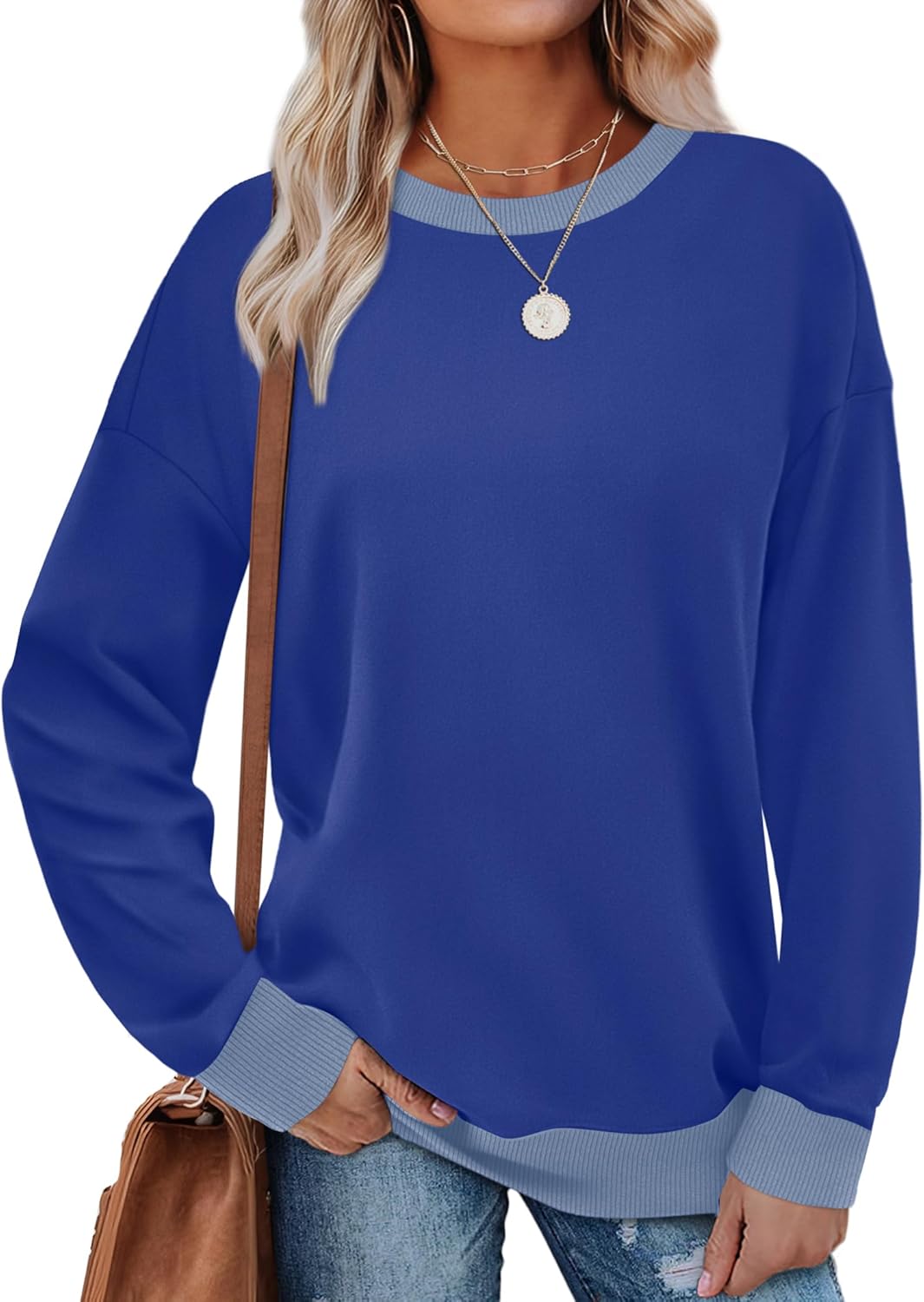 Saloogoe Sweatshirts for Women Crewneck Long Sleeve Loose Fit Tops Color Block Ribbed Trim Fashion 2025-6