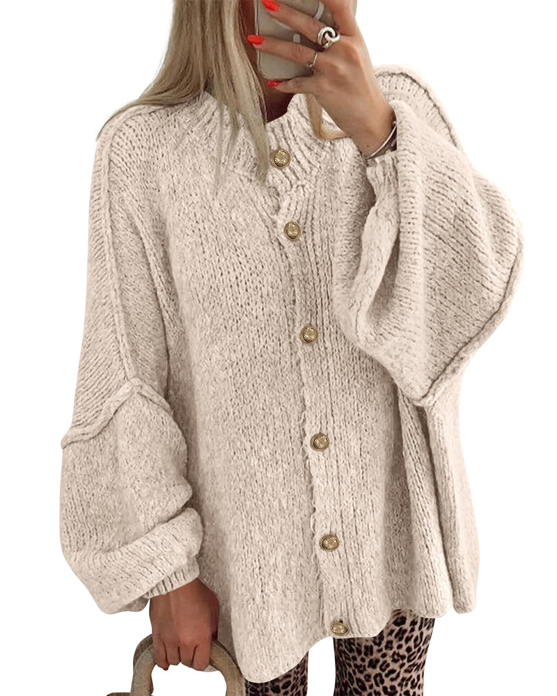 BTFBM Cardigan Sweaters for Women 2026 Fall Clothes Lantern Long Sleeve Button Open Front Chunky Knit Oversized Sweater-25