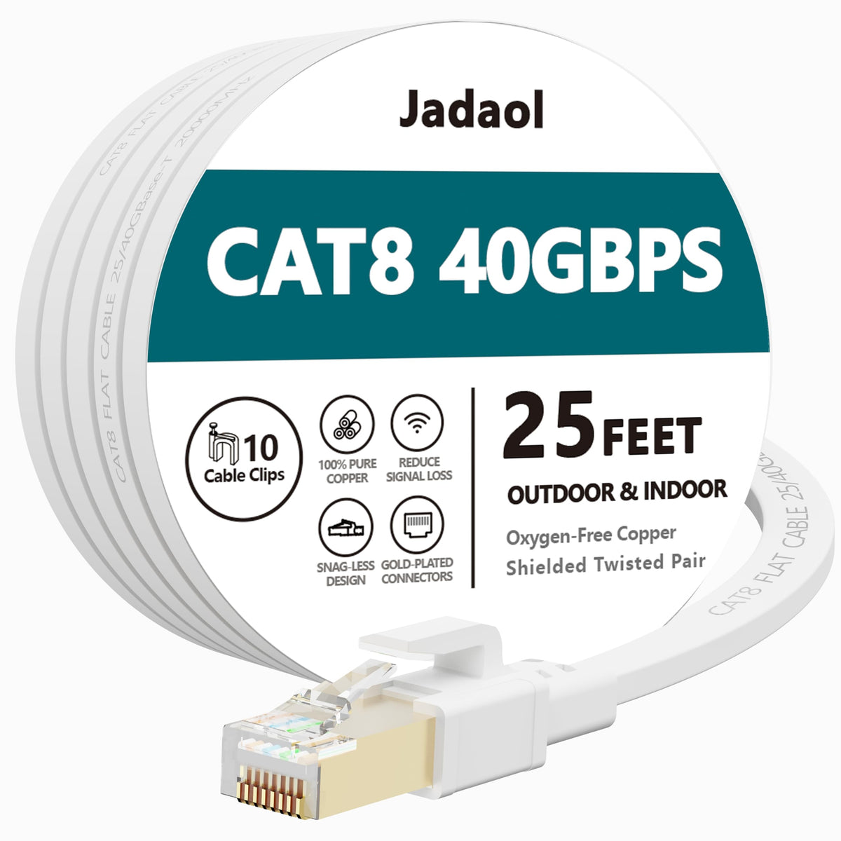 Jadaol Cat8 Ethernet Cable 100ft 40Gbps 2000MHz Flat S/FTP LAN Cable White