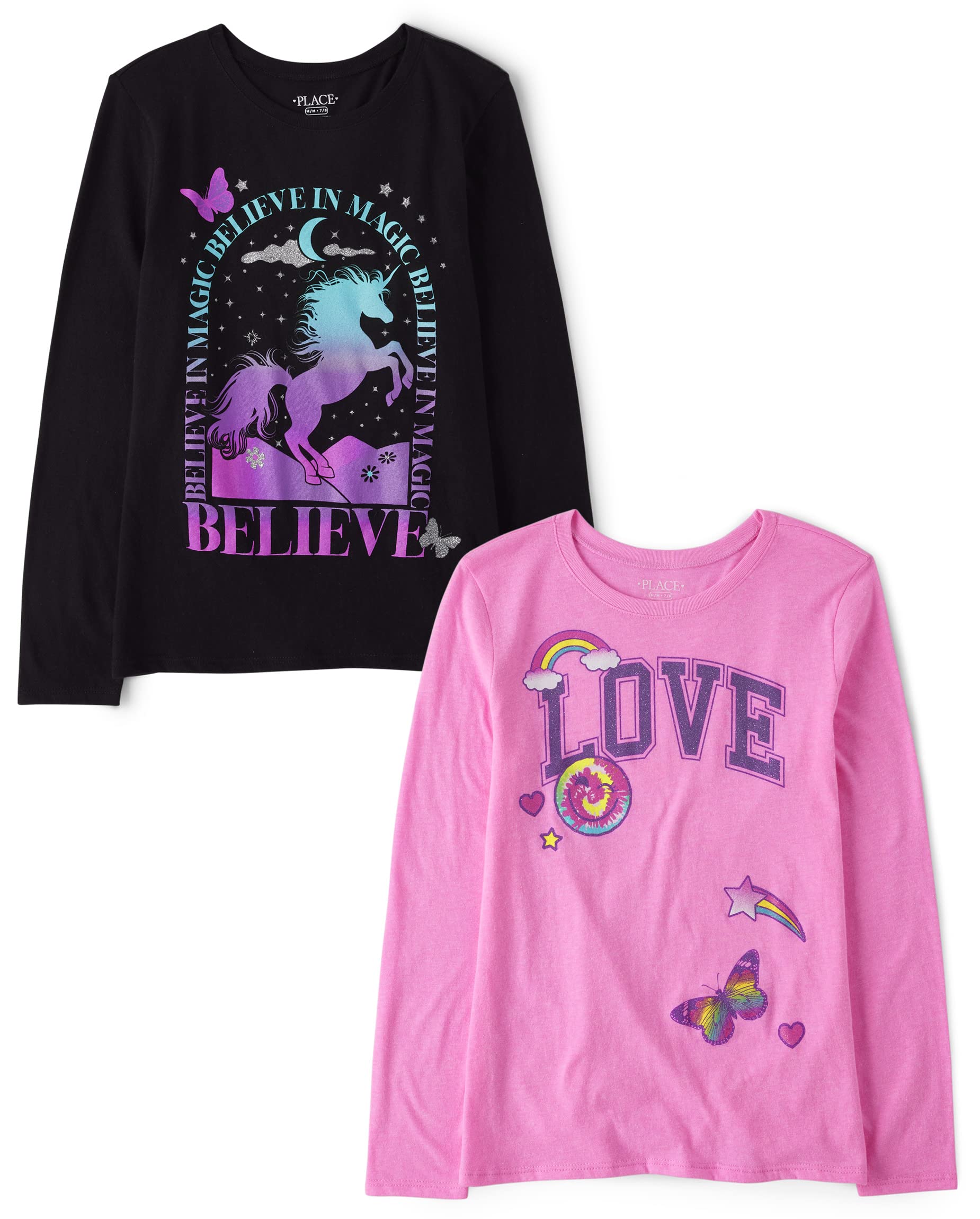 The Children's Place Girls Unicorns,Sports,Butterflies Long Sleeve Graphic T-Shirts,2 Pack