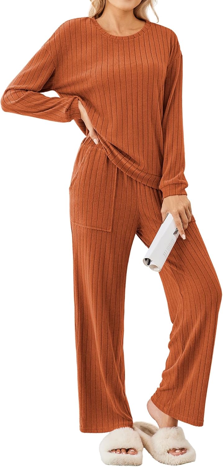 Ekouaer Lounge Sets for Women Ribbed Knit Pajama Sets 2 Piece Long Sleeve Pjs Soft Loungewear Outfits with Pockets-38