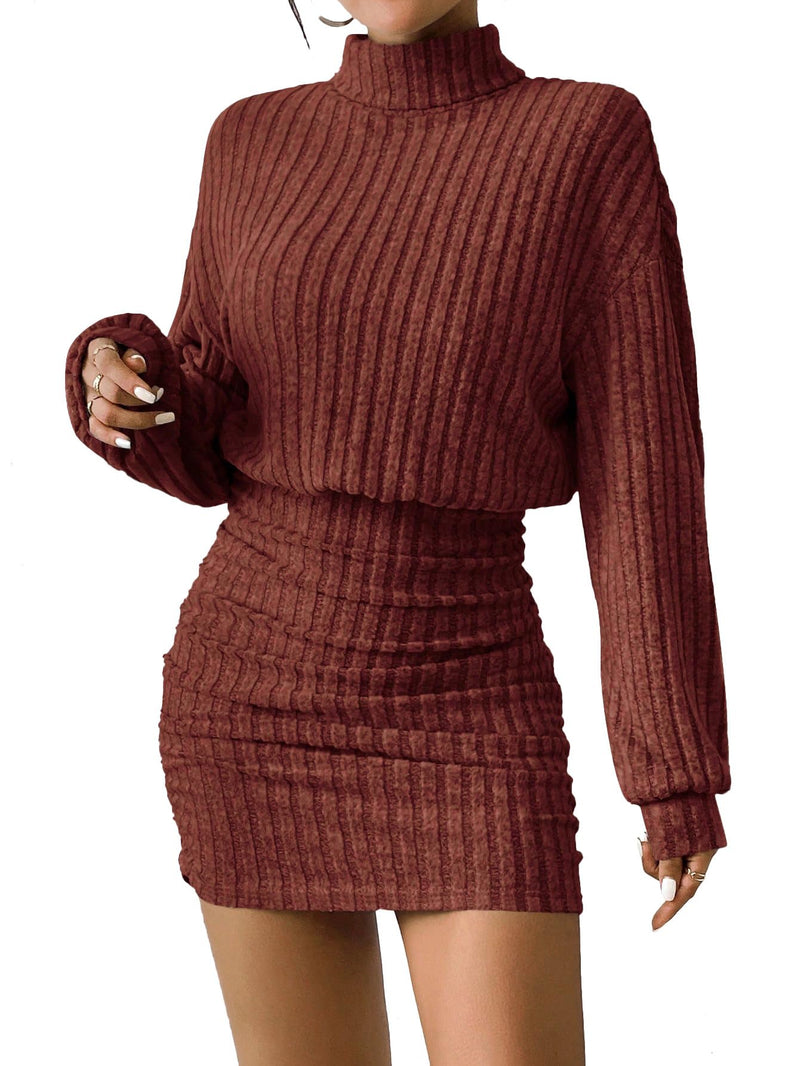 Women's Pullover Sweater Dress Long Lantern Sleeve Turtle Neck Cute Ribbed Knit Bodycon Mini Short Dress 2025 Fall-18