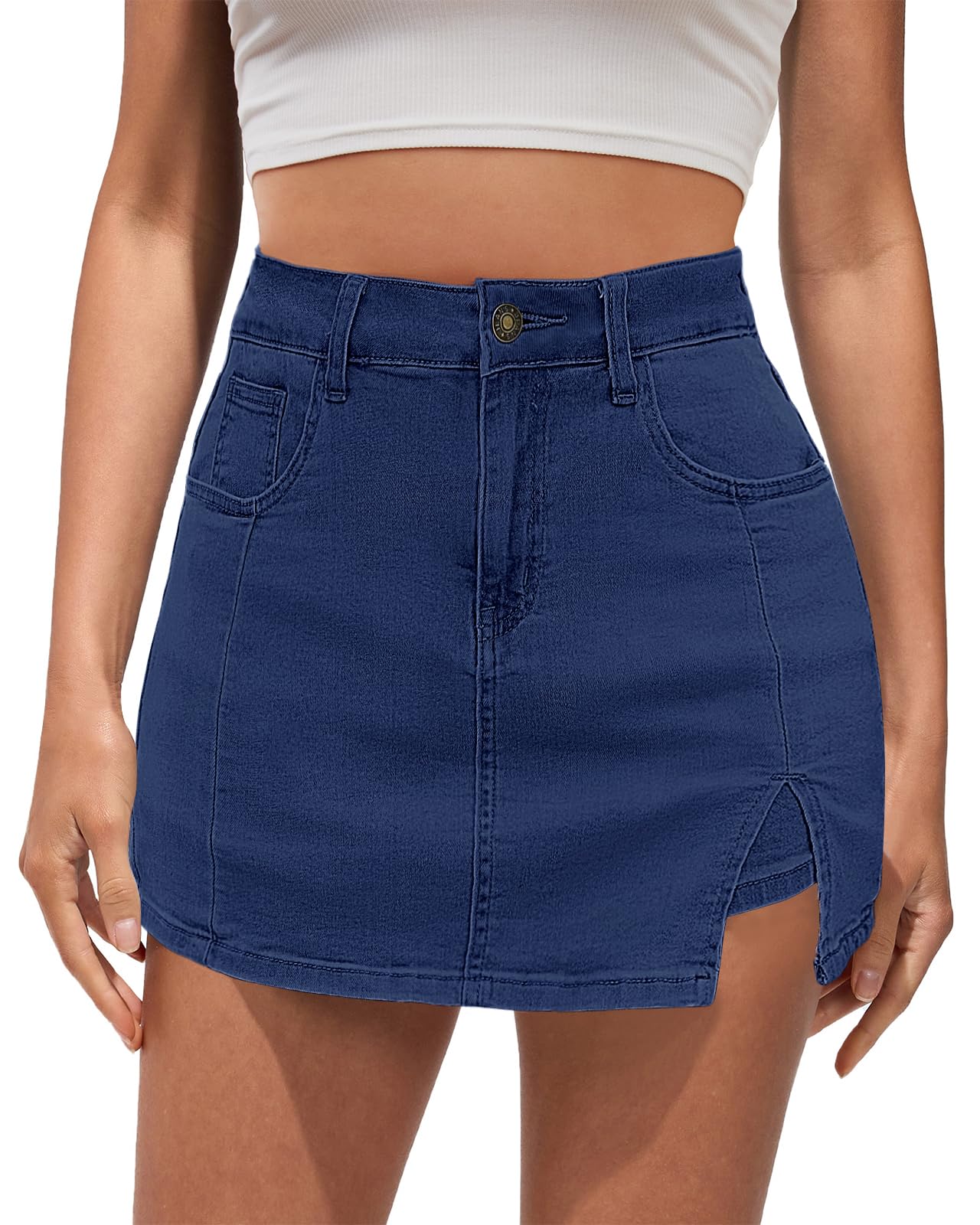 Vetinee Jean Skorts for Woman High Waisted Trendy Slit Stretchy Denim Skirt with Shorts Y2K Casual Summer Skorts Skirts