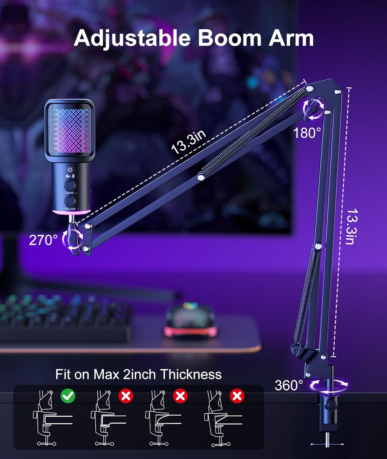Gaming USB Microphone, Noise Cancellation Condenser Mic with Mute,Boom Arm Mic-Reverb Adjustment, Monitoring for Streaming, Podcasting, Discord, YouTube,PC, Computer, PS4, PS5, Mac