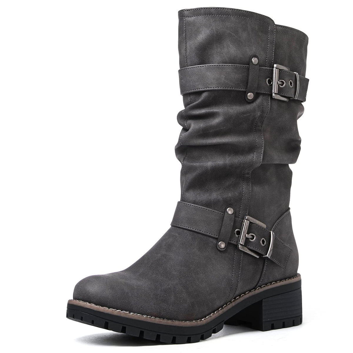 GLOBALWIN Women's Mid Calf Moto Boots With Buckle Straps