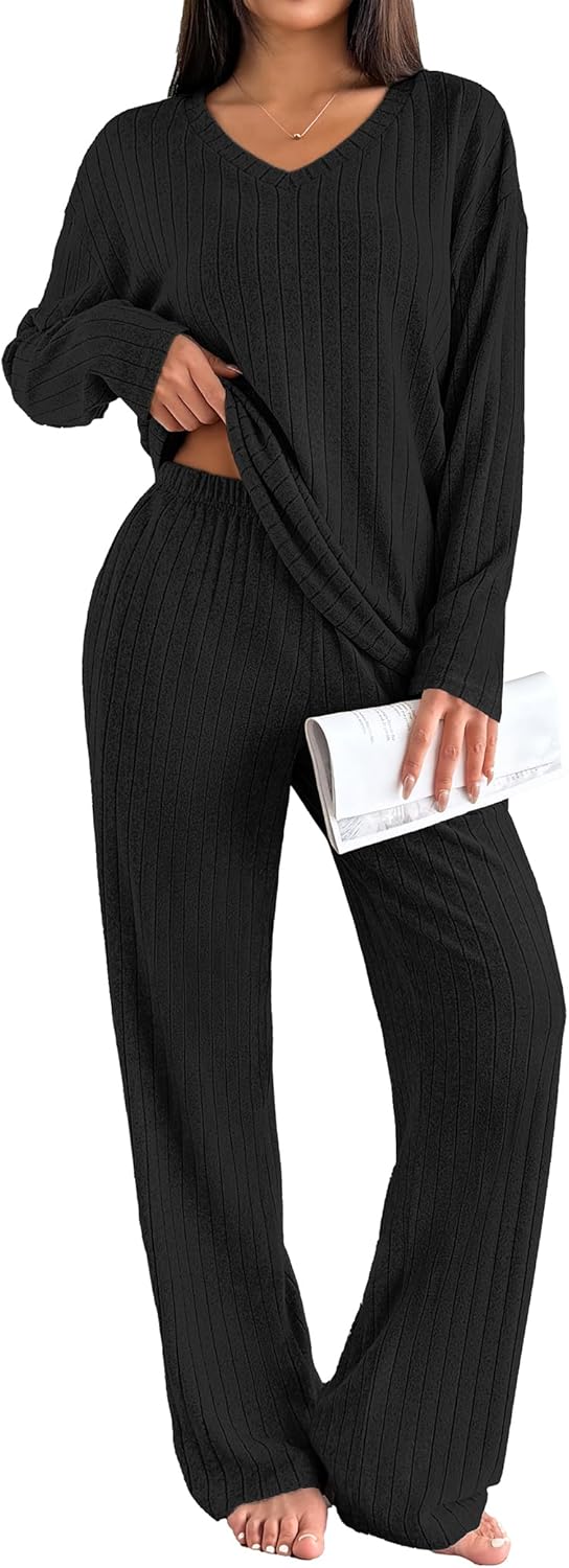 Ekouaer Lounge Sets for Women Long Sleeve Knit Ribbed Pajama Sets 2 Piece Casual Loungewear with Pockets-39