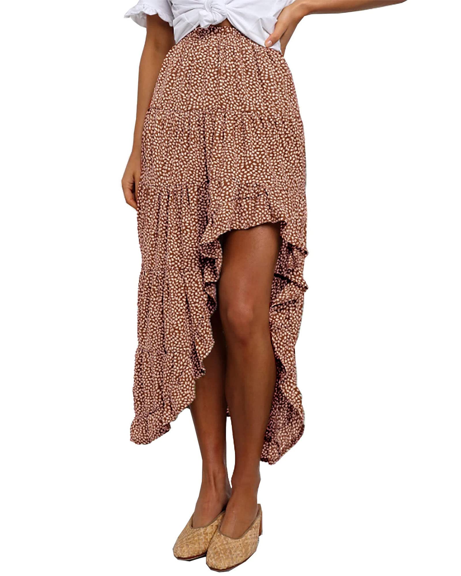 BTFBM Women 2026 Spring Summer Long Skirts Dress Boho Floral Elastic Waist Split Ruffle High Low Beach Maxi Skirt Clothes