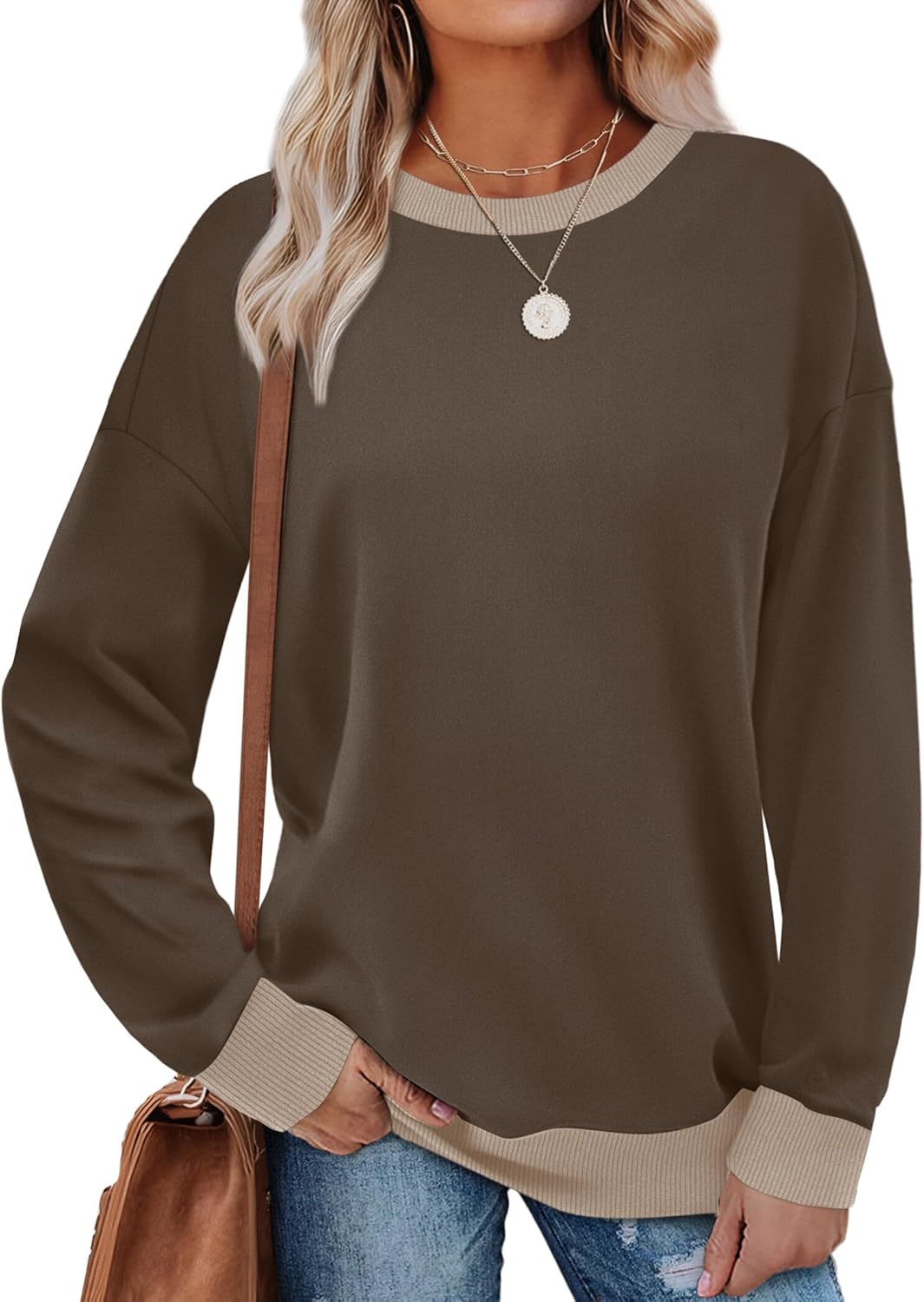 Saloogoe Sweatshirts for Women Crewneck Long Sleeve Loose Fit Tops Color Block Ribbed Trim Fashion 2025-67