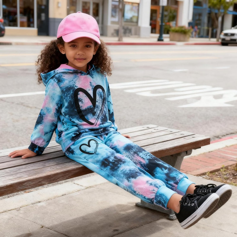 Toddler Baby Girls Clothes Long-sleeve Tie Dye Hoodie Pullover and Sweatpants Heart Print Hooded Outfits Set