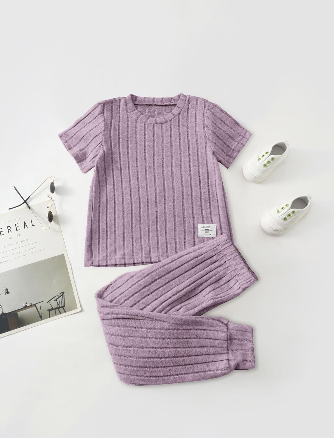 Jolyshlid Girls 6 Pieces Knit Outfits Short Sleeve Tee Tops and Pants Clothing Set 4-12Y