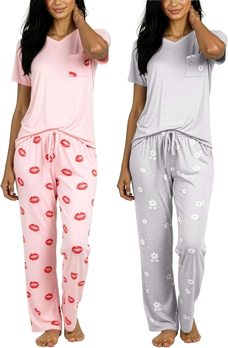 Real Essentials 2 Pack: Women's Comfy Pajama Sets - Short & Long Sleeve Ladies Loungewear Sleepwear PJs (Available In Plus)-24
