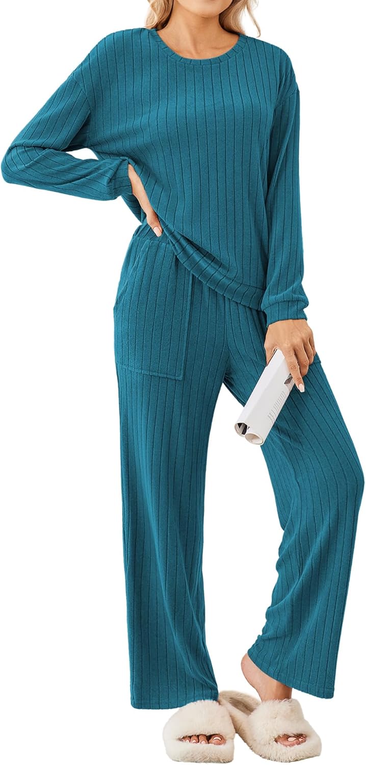 Ekouaer Lounge Sets for Women Ribbed Knit Pajama Sets 2 Piece Long Sleeve Pjs Soft Loungewear Outfits with Pockets-46