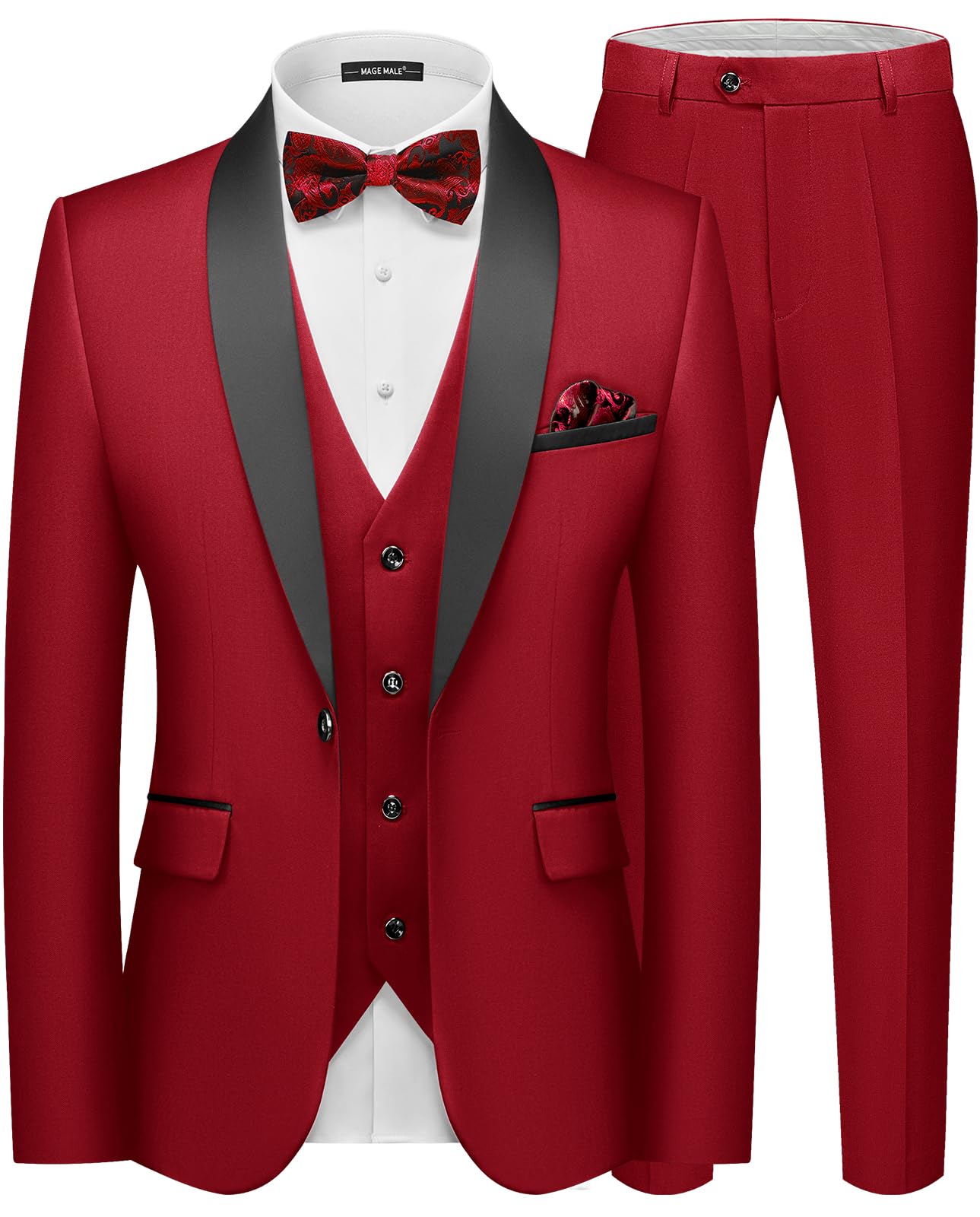 MAGE MALE Men's Slim Fit 3 Piece Suit One Button Solid Shawl Lapel Blazer Jacket Vest Pants Set with Tie Pocket Square-68